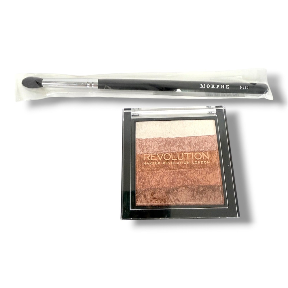 Makeup Revolution Vivid Shimmer Brick Morphe M330 Crease Brush Makeup Bundle New
